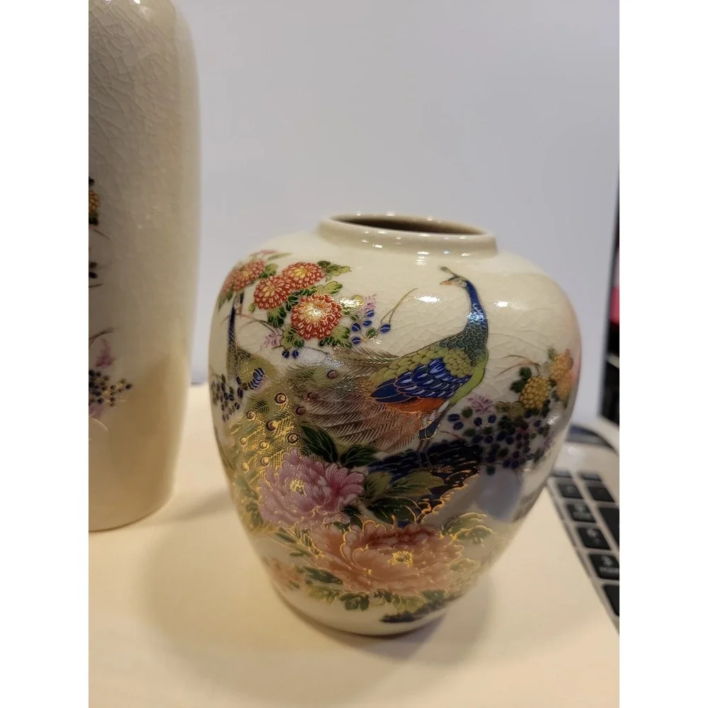 Vintage‎ Crackle Vase Set -2 with Peacock & Floral Design